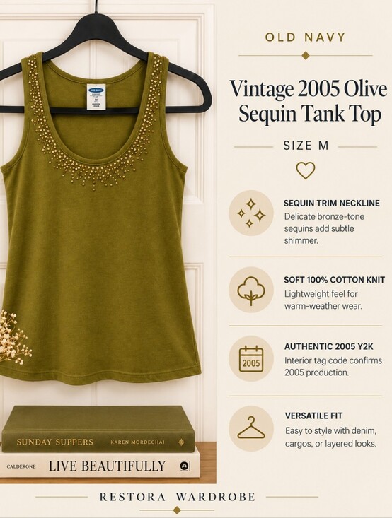 Old Navy Tops - Vintage 2005 Old Navy Olive Green Sequin Scoop Neck Tank Top Y2K M